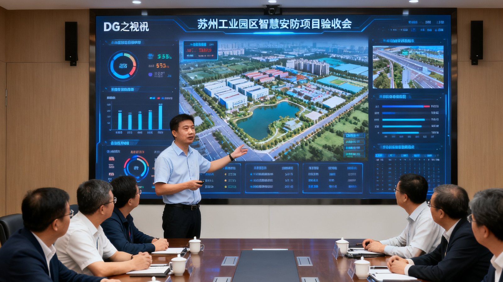 苏州工业园区智慧安防项目验收会议现场，DG视讯工程师向专家组演示系统功能，大屏展示园区安防数据看板。
